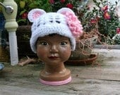 Baby Girl White Teddy Bear Hat with Pink Inner Ears and Detachable Pink Flower Clip