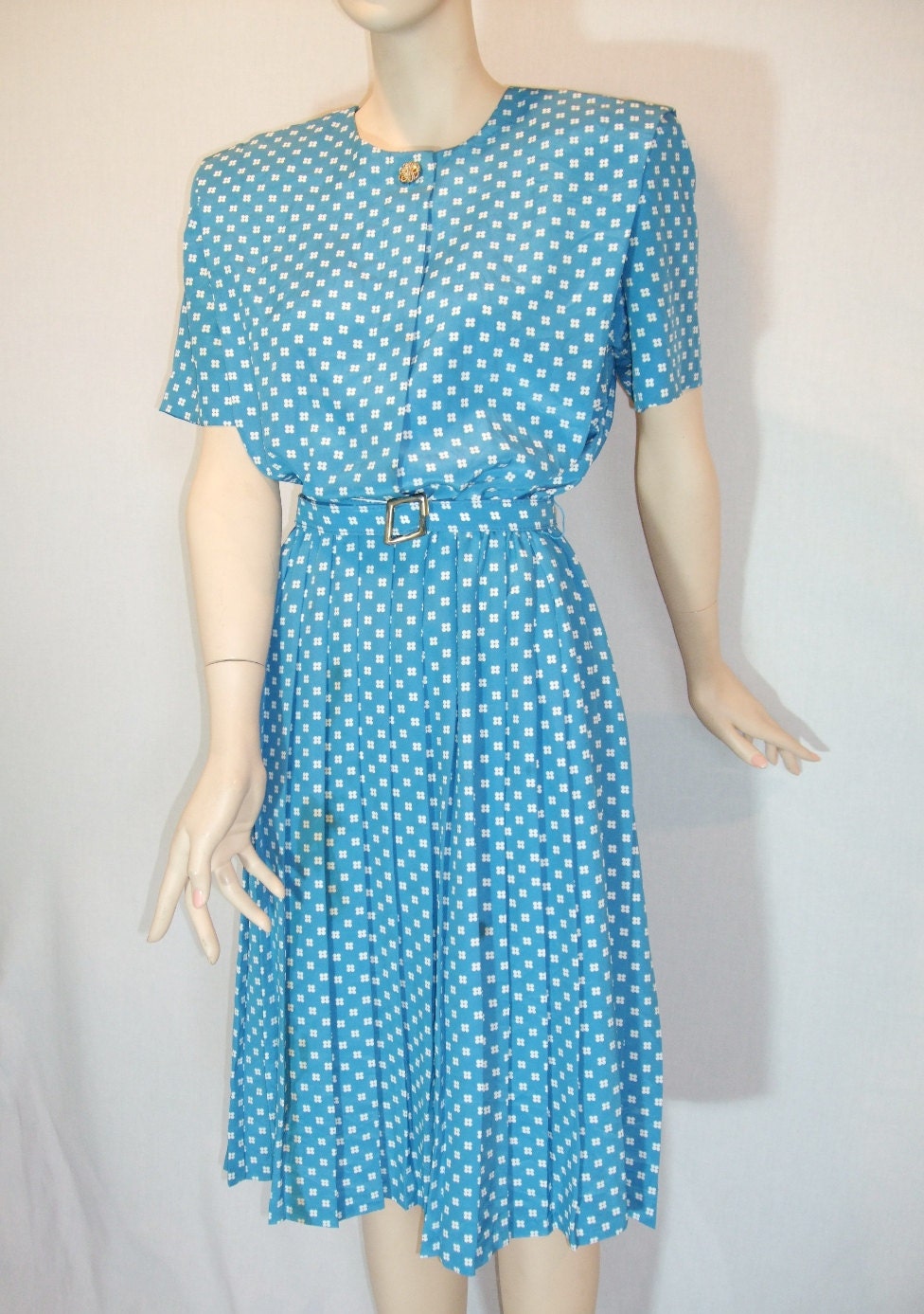 Blue and white 80s Leslie Fay day dress with pleated skirt SM / M ON SALE