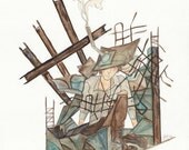 Metal and Concrete - art print of original painting - steel construction smoke industrial
