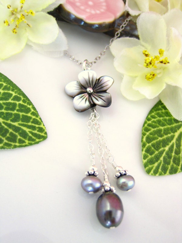 Gray cherry blossom pearl dangle necklace, gray shell sakura sterling silver necklace, shell flower dangle necklace