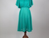 Vintage 1970's Jerell Petites Dress - Green Flutter Sleeve Dress - Small/Medium
