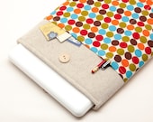 15 inch Macbook Pro case. Linen Macbook 15 sleeve with colorful retro dots pocket. Custom bag, pouch and other cover orders available