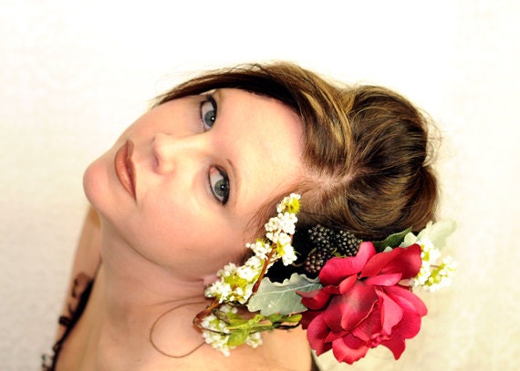 Red Rose, Grey Leaves, Black Berries and Moss Covered Flower Tendrils Romantic Fantasy Fascinator,  Hair Clip Accessory - BRIAR ROSE -