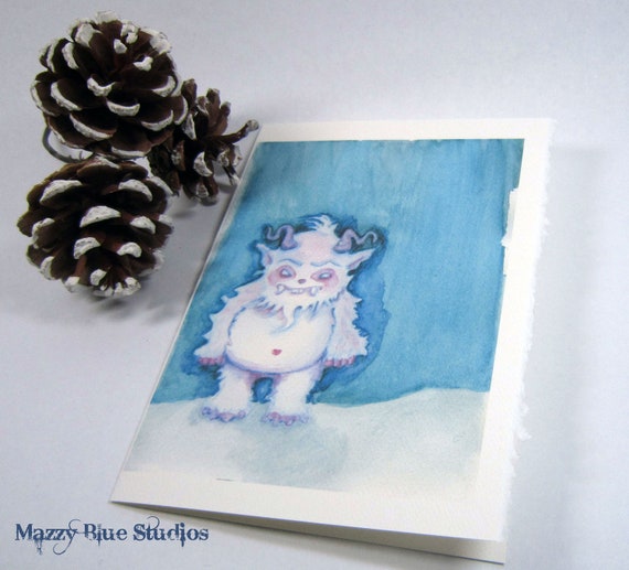 CHRISTMAS CARDS Yeti abominable snowman Holiday Set of 5 Notecards w/Envelopes - MazzyBlueStudios