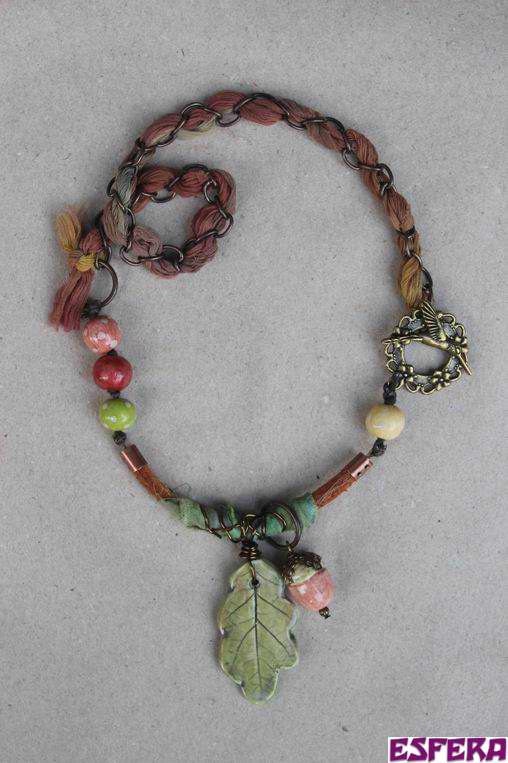 Boho chic, brown, green, asymmetric, fall, leaf, acorn, necklace with ceramic beads from Bo Hulley, sari silk, chiffon, by Esfera jewelry