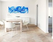 Modern Art Original Painting Canvas Abstract Acrylic - Fine Art - by Linnea Heide - 12x36 Inches - Blue White Silver