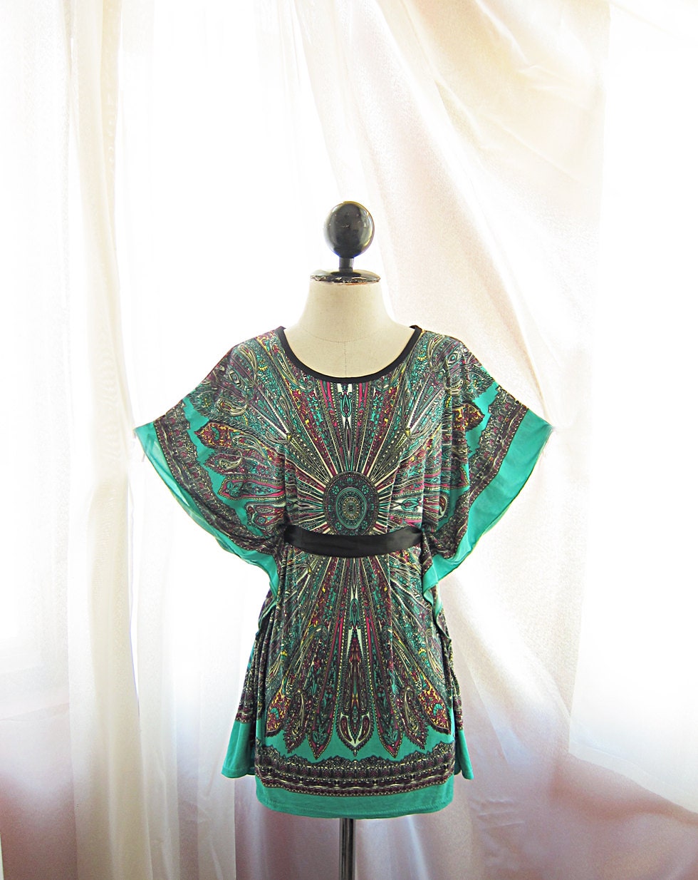 Minty Green Turquoise Indie Incas Mayan Aztec Summer Persian Paisley Kaftan Kimono Dress Ancient Butterfly Wings African Caftan Tunic