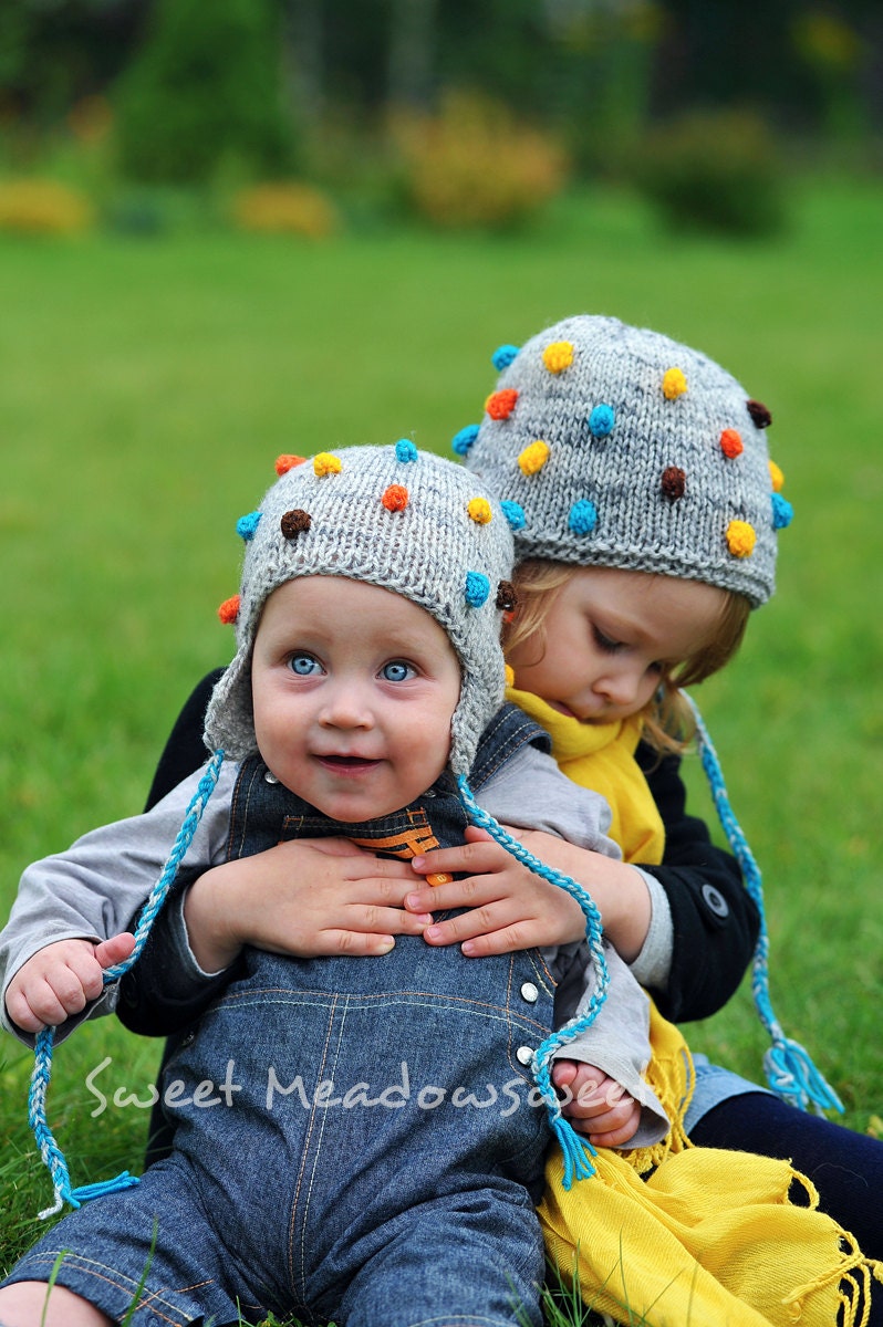 Knitted Toddler Kids Childrens Boy Girl Baby Hat, Grey with Blue - Turqouise Yellow Brown Orange Bobbles with EarFlap, all sizes