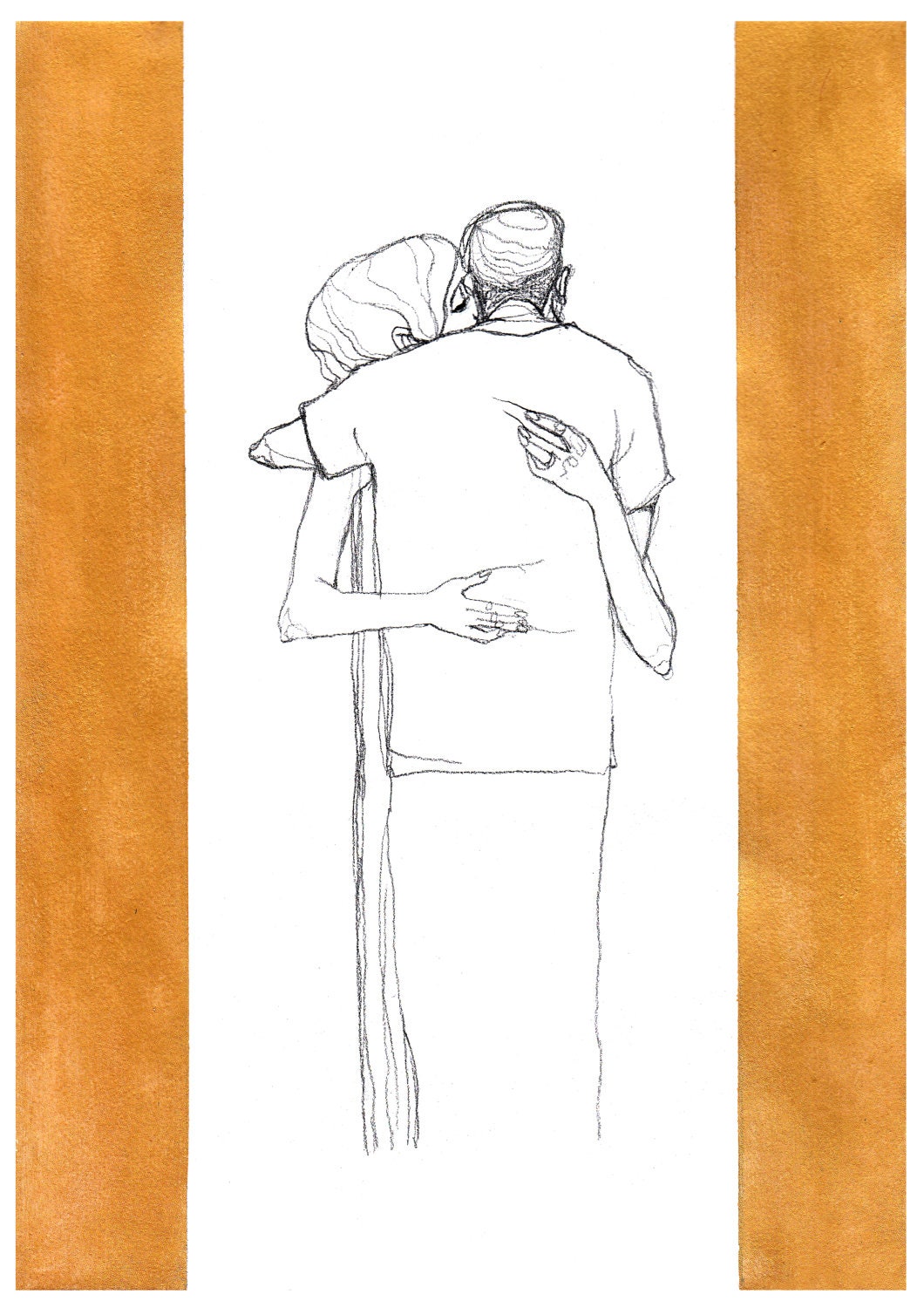 Golden hug No1 grey pencil drawing gold acrylic - print 8x11.5 inch (21x29.5 cm)