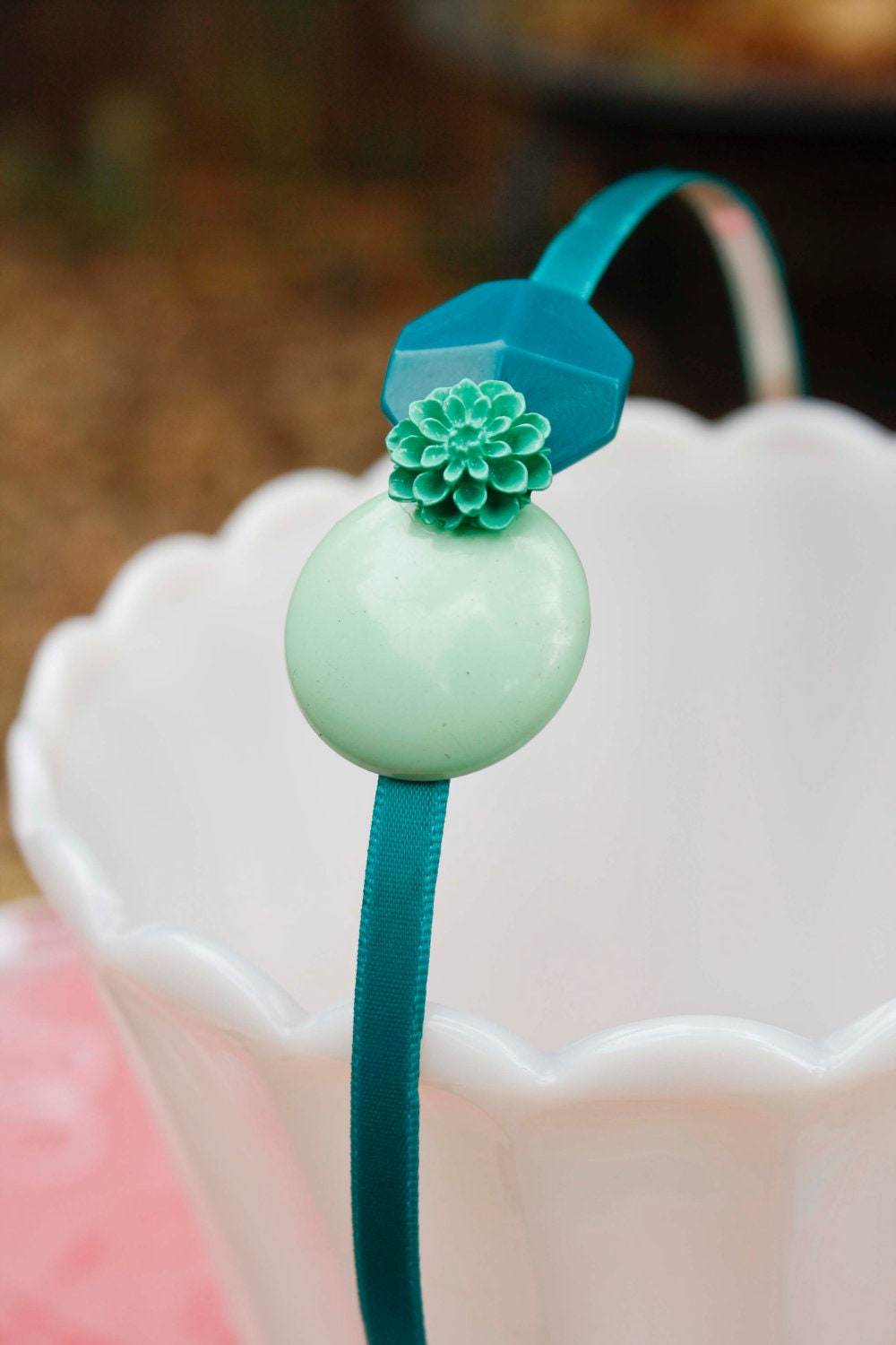 Teal Vintage Flower & Geometric Headband - Repurposed Vintage Components