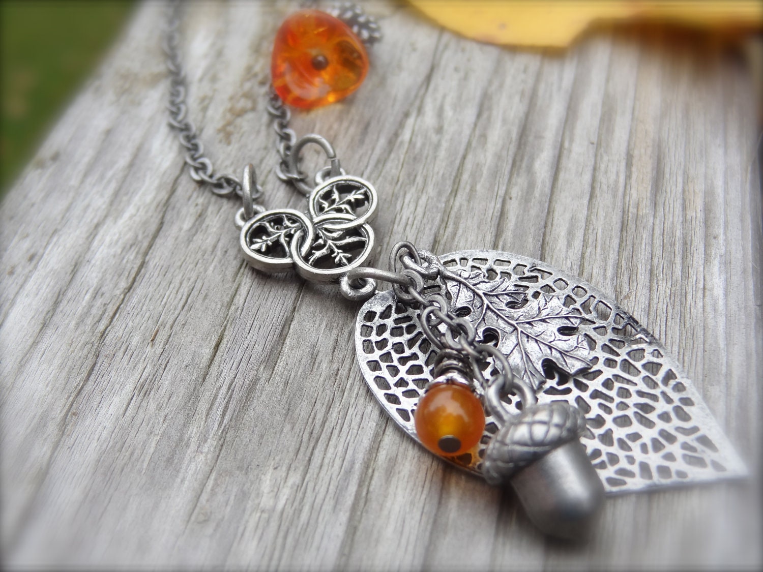 Silver Autumn Bliss Necklace on Antiqued Silver Chain with Orange Czech Glass Beads