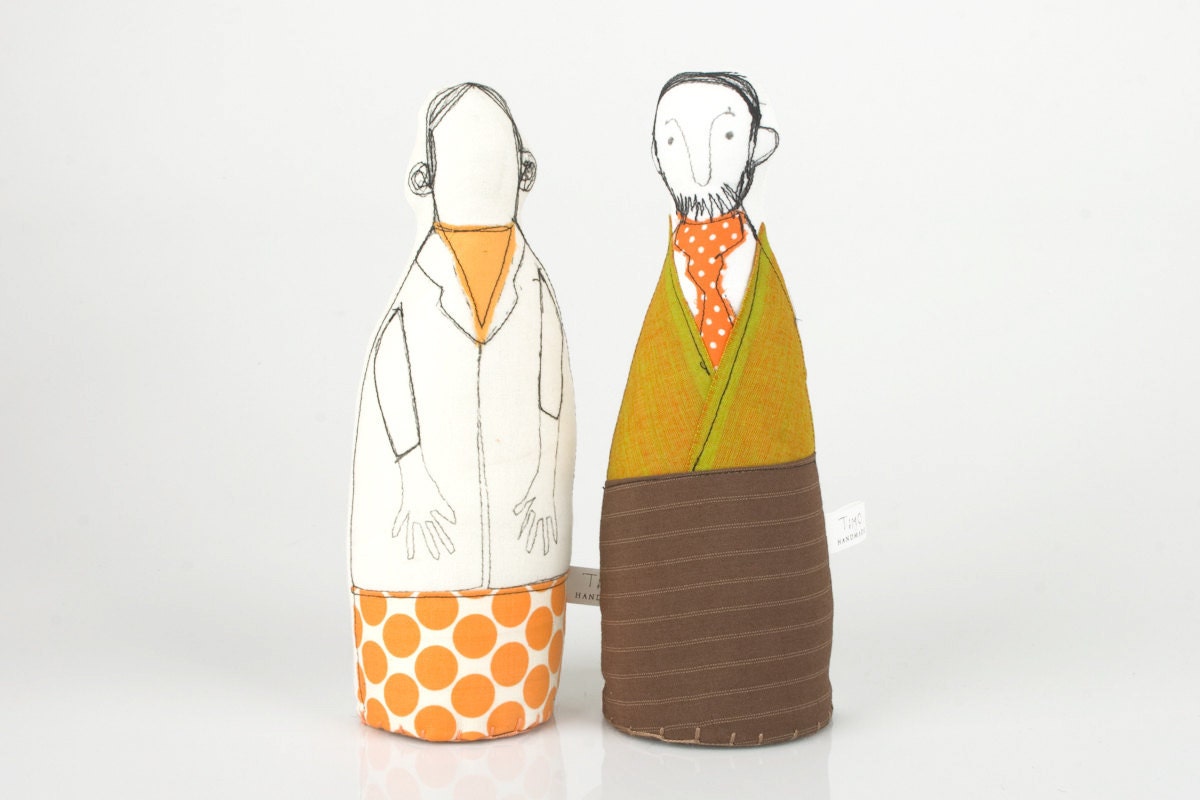 Lovers  - Wedding Decor , pair of parents or Grandparents  In shades of Yellow mustard, orange and brown - handmade fabric dolls