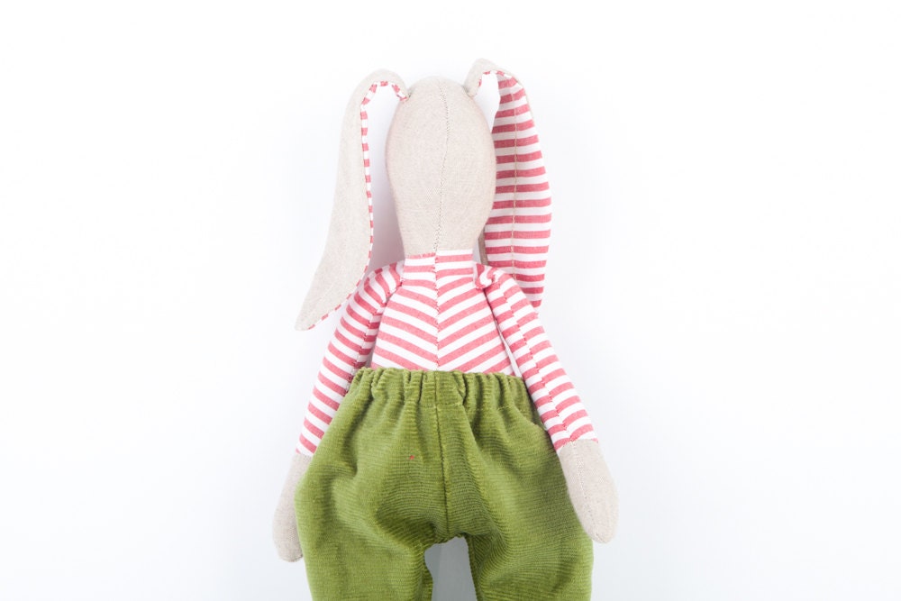 Easter bunny ,softie Toy , Fabric doll - Beige  Rabbit in red and white striped shirt Wearing Green corduroy pants - eco handmade doll