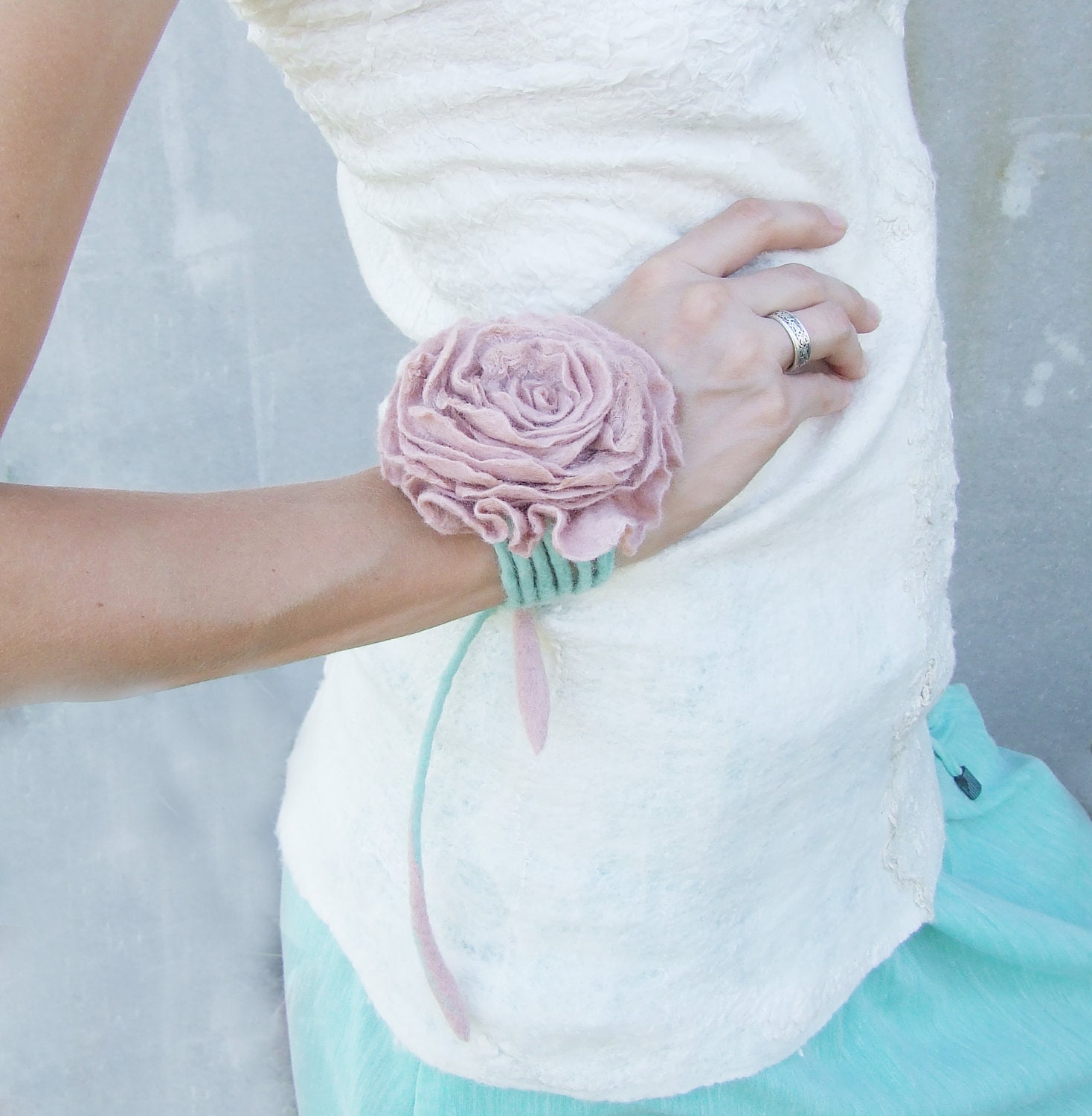4 in 1 Mint and Blush Felted flower with cord: necklace, belt, bracelet and hair accessories pastel pale rose wedding