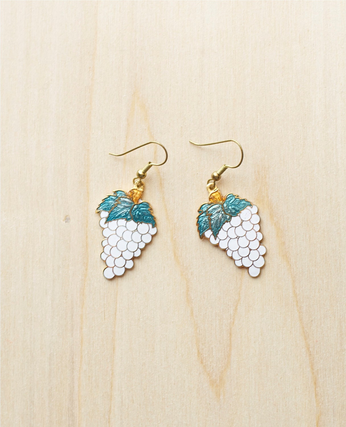 Grape Cloisonne Earrings White Gold Dangle Bohemian Jewelry 1980s