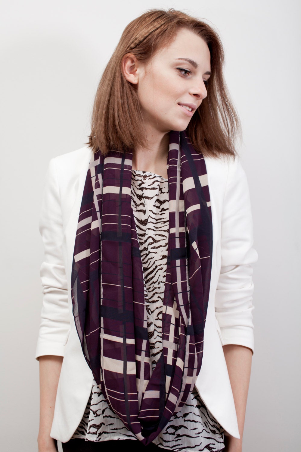 CLEARANCE Plum Checked Loop Circle Scarf infinity