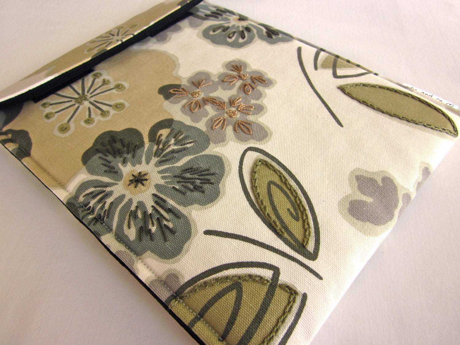 iPad case - hand embroidered iPad 2, 3 cover - gadget tablet sleeve - modern garden in neutrals - quilt lined slim design - julieandco2