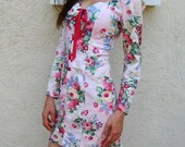 1990s Floral Print Denim Sweetheart Neckline Corset Dress -- Medium - Large