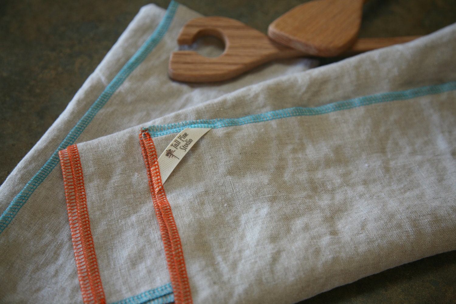 2 Natural Linen Tea Towels - Pure Linen Flax Eco Cloth, Oatmeal and Orange/Turquoise