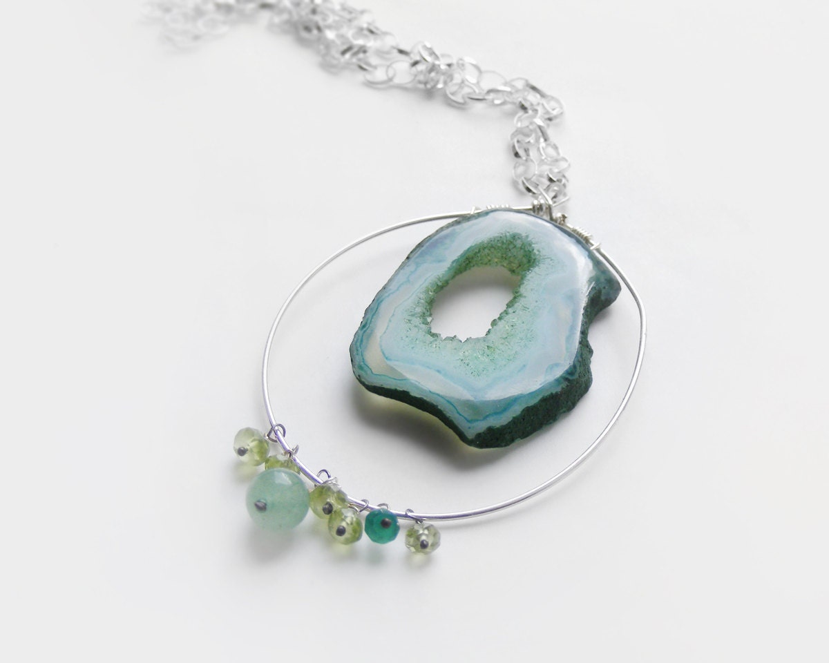 Green druzy necklace, agate geode necklace, sterling silver druzy jewelry