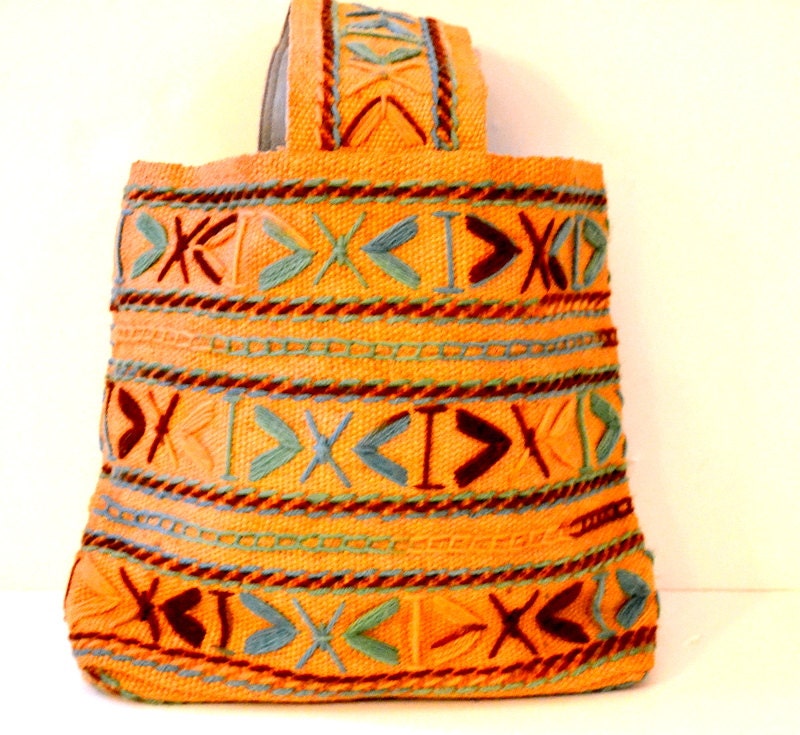 vintage 70s /Large Navajo ethinic / burlap shoulder bag/ ikat bag tote