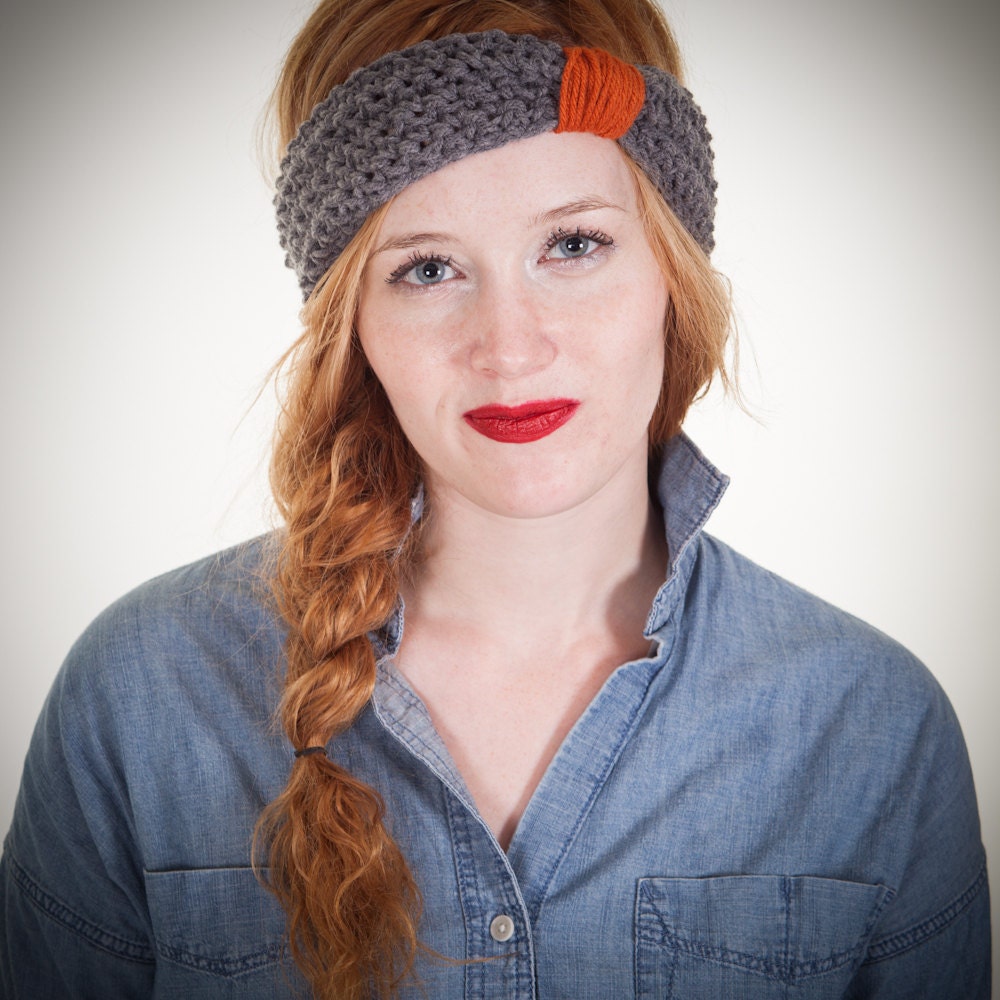 Gray and Orange Color Block Turban Crocheted Headband