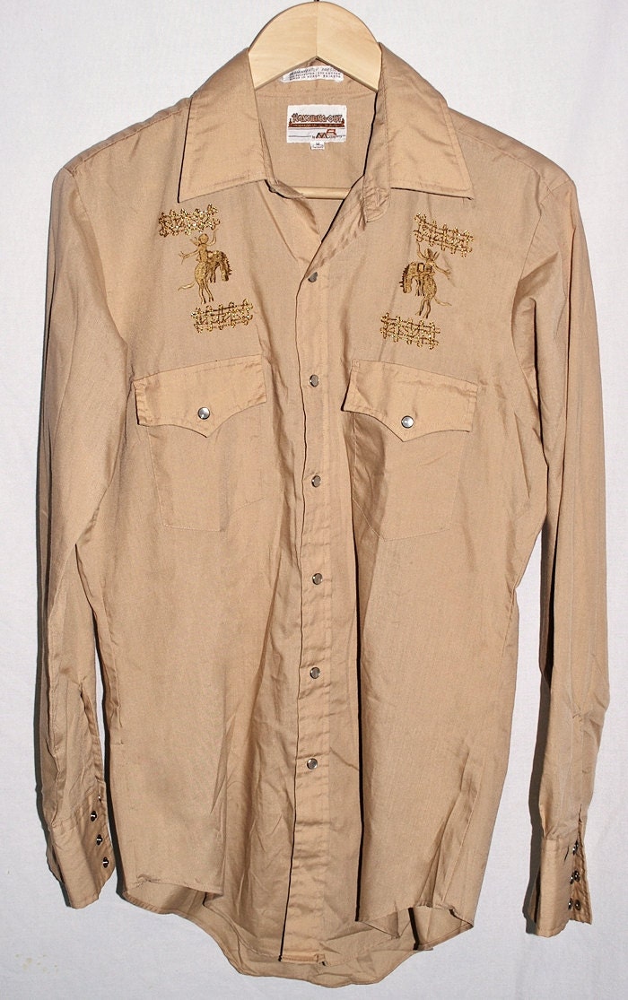 Vintage 70's Mens Embroidered Western Snap Shirt Tan sz 15 medium