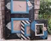 Grouping of Three Distressed Picture Frames, Black / Turquoise / Linen