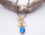 Lariat Necklace - Personalized Necklace - Deep Blue Chalcedony Necklace - Wire wrapped Black Onyx Charm Necklace