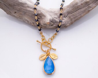 Lariat Necklace - Personalized Necklace - Deep Blue Chalcedony Necklace - Wire wrapped Black Onyx Charm Necklace