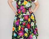 Vintage 1950's Style Dress - Passion Flower - Colorful Floral 80's does 50's Cotton Party Dress