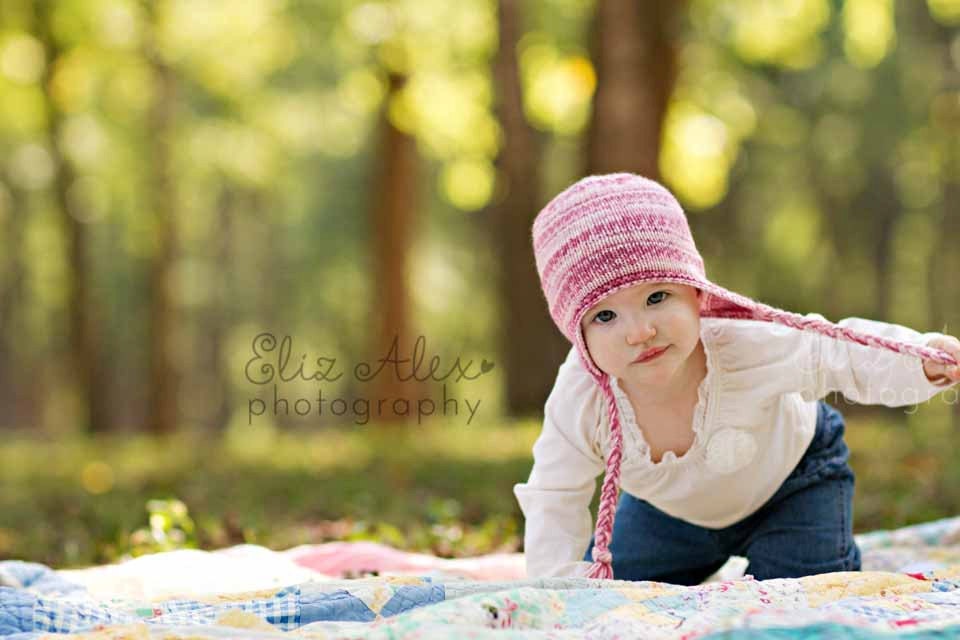 Knit Pink Earflap Hat with Braids, Multicolored, Newborn to 6 Month Size (Item 661)