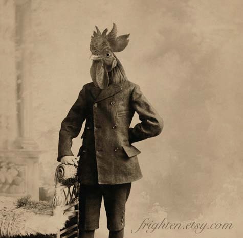 Rooster Art, Mixed Media Collage Print, Rooster Boy, frighten