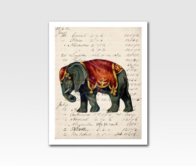 Art Print Circus Elephant on Vintage Ephemera 5 X 7 inch Print Home Décor Original Design by Adidit Print no. 091