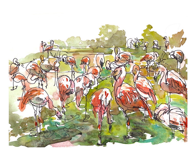 Flamingoes watercolor sketch 8x10 fine art print from an original watercolor sketch