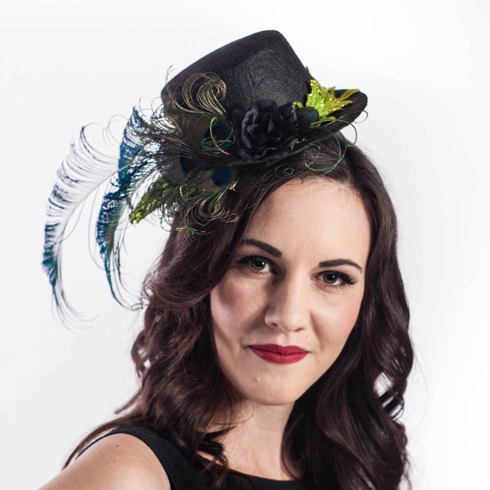 Sevilla--Steampunk 6" Top hat fascinator with peacock feathers, green glitter leaves and pearl bead accent