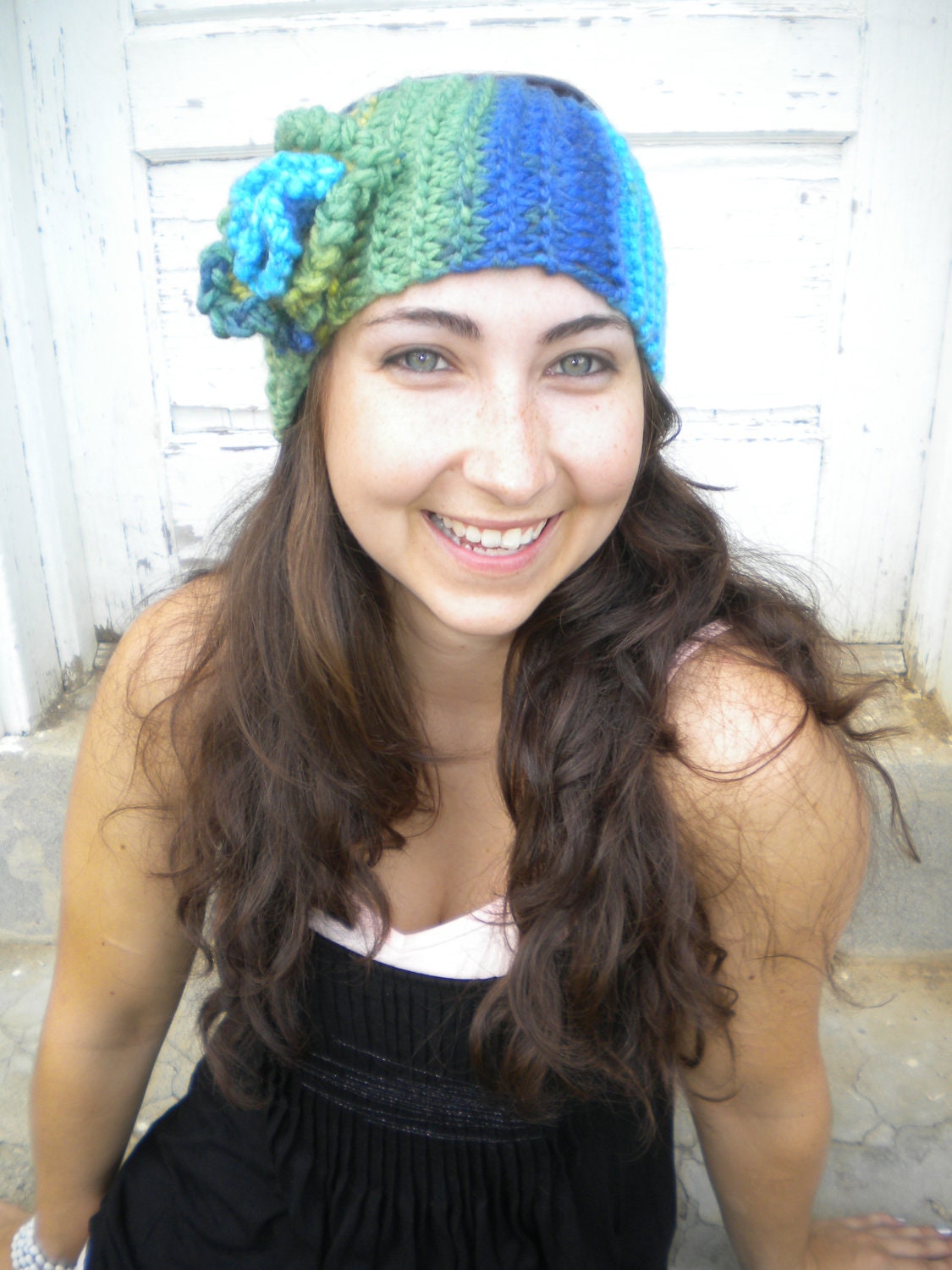 Earwarmer/Headband - Green/Blue with Flower