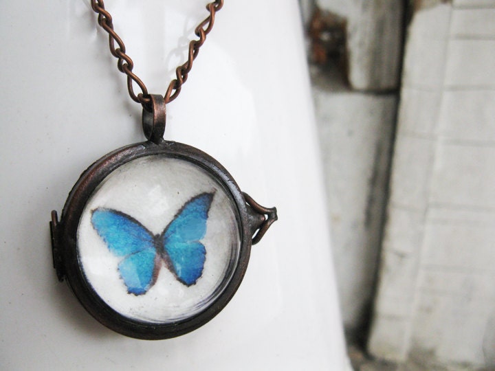 Locket Bubble Necklace Unique Funky Pendant Blue Butterfly Teal For Her