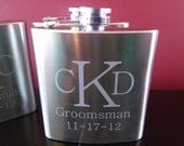 Etched Groomsman flask, 6 ounce, stainless steel personalized flask.  Monogrammed gift, Groomsmen and Best Man gift
