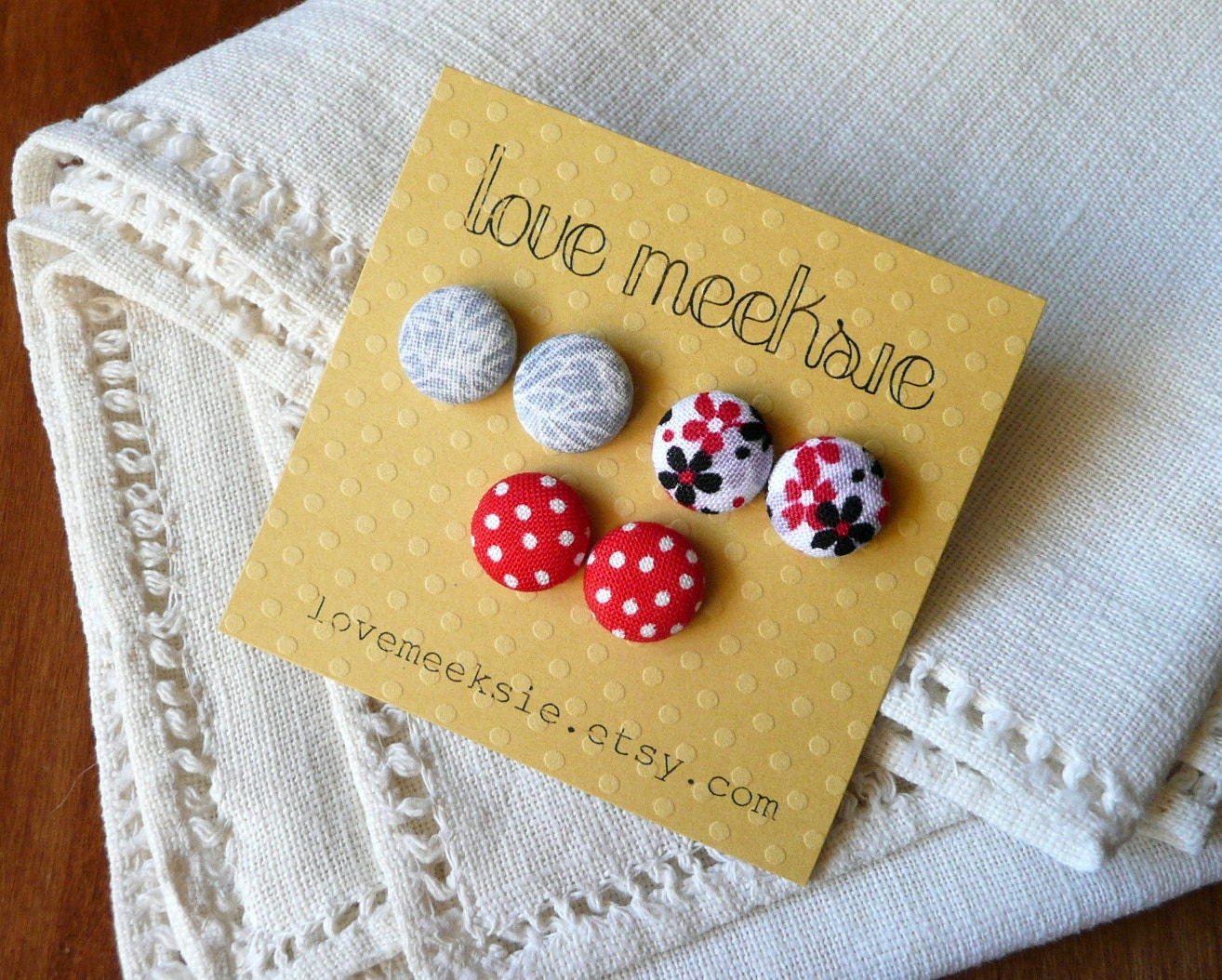 fabric button earrings, red and grey studs - set of 3 - small