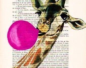 Mixed Media Digital Print Illustration Print Art Poster Acrylic Painting Holiday Decor Drawing Illustration Gift Giraffe with bubblegum