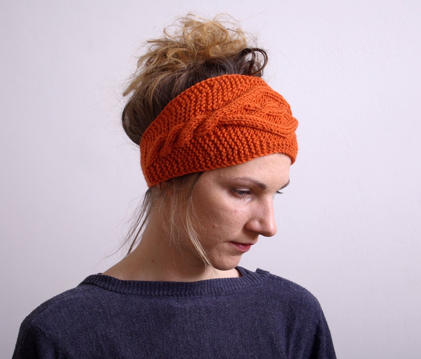 Headband Ear Warmer Cable knit - Button Closure Ear Warmer or Hair Band - orange.