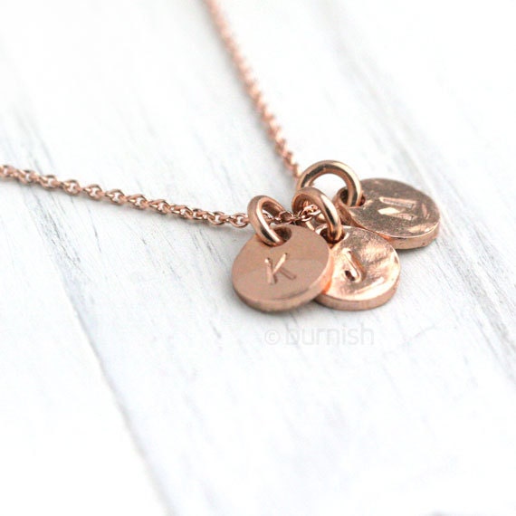 Rose Gold Monogram Necklace / Three Initials Hand Stamped Coin Discs / Rose Gold Personalized Necklace