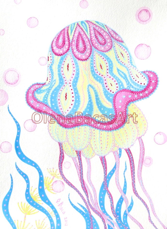 Jellyfish Nautical ORIGINAL Painting Kids Wall Art Sea Creatures Ocean Pink Blue Yellow Illustration Mixed Media Nautical Nursery room SALE