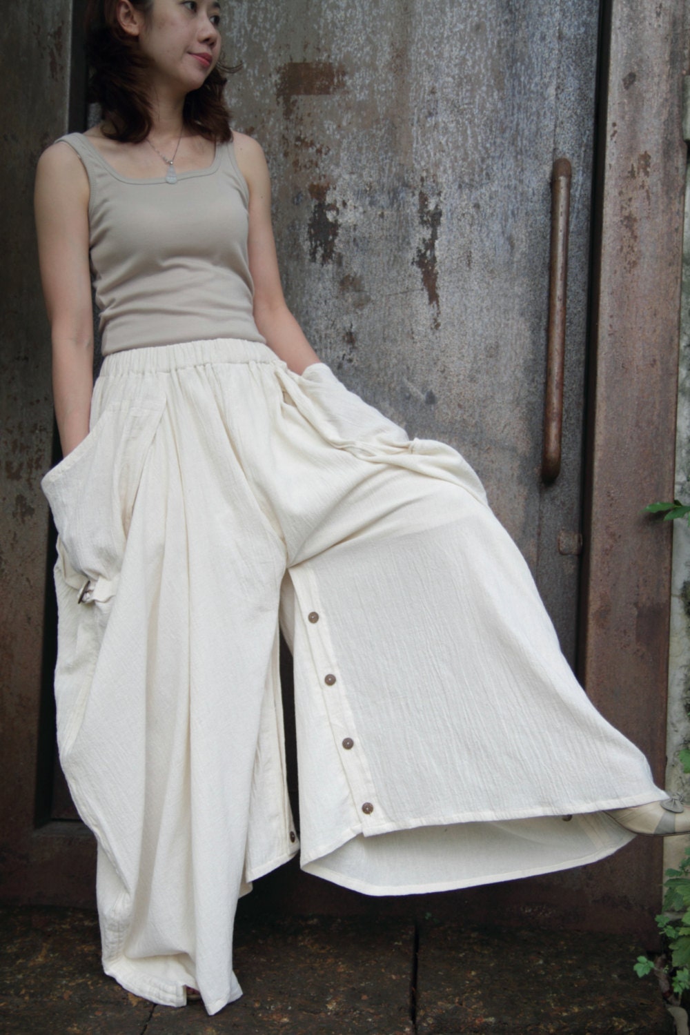 Creamy soft cotton long skirt with unique pattern design,adjustable as wide leg pants