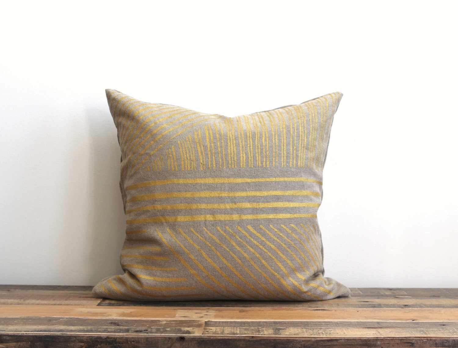Karnataka throw pillow cover hand printed in metallic gold on taupe hemp 20x20