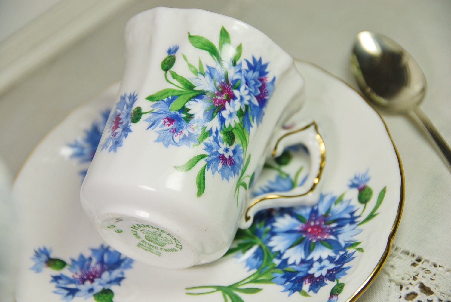 Vintage Hammersley & Co Tea Cup and Saucer, Blue Cornflower, England