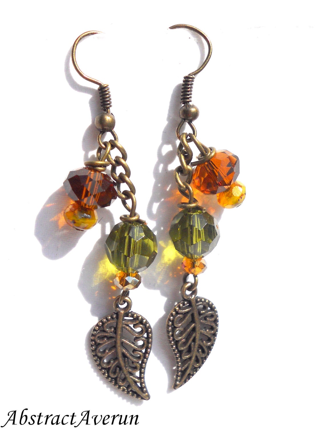 Leaf Earrings - Fall, Brass - Crystal Rondelle Beaded, Dangle Earrings.