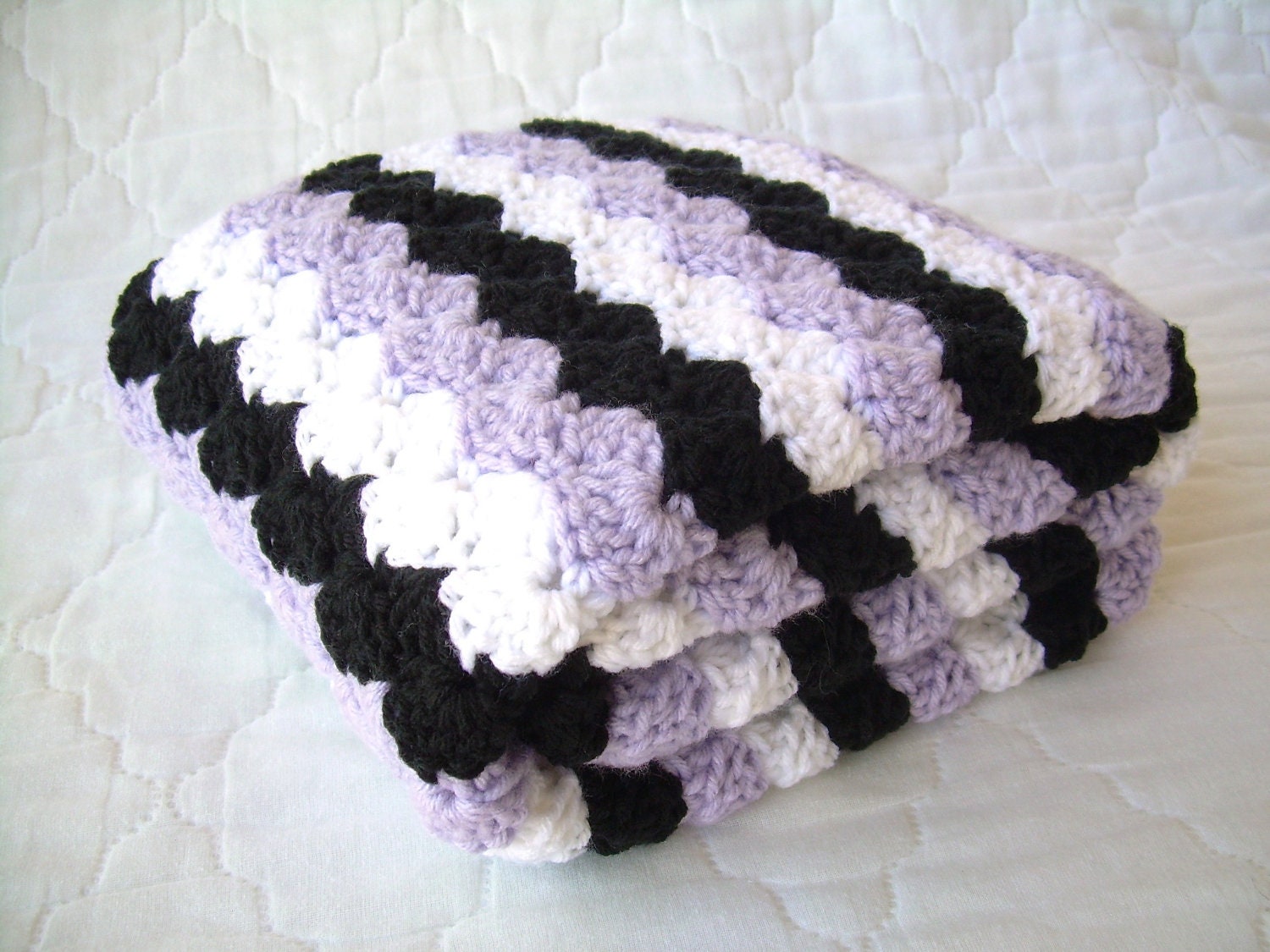 Crochet Baby Blanket, Baby Blanket, Crochet Purple Baby Blanket, white, black, and purple afghan, travel size