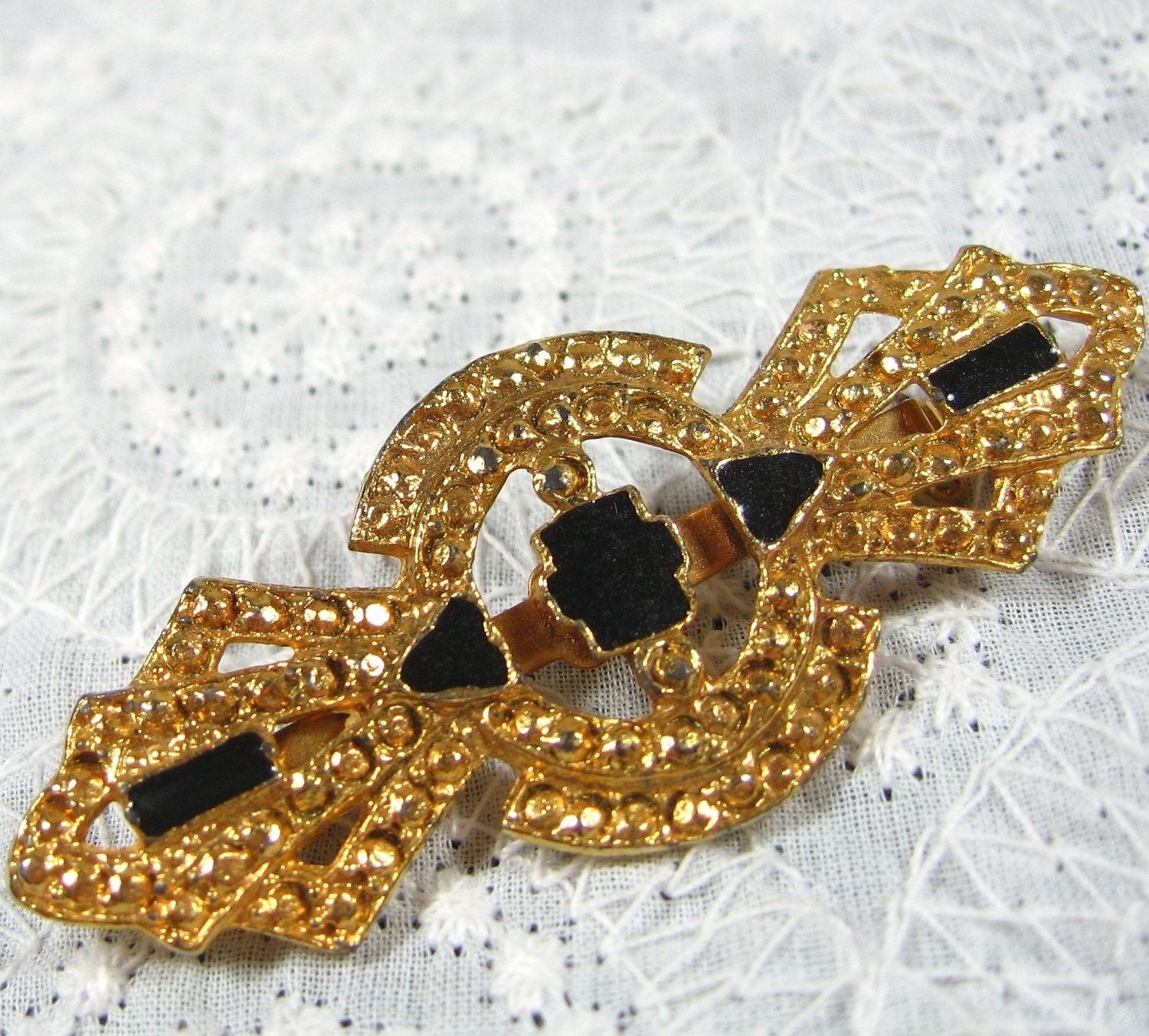 Vintage Ornate Bar Brooch / Pin, Geometric, Black Enamel, Marcasites, Gold Tone, 1950s 1960s Mad Men, Victorian Revival Jewelry